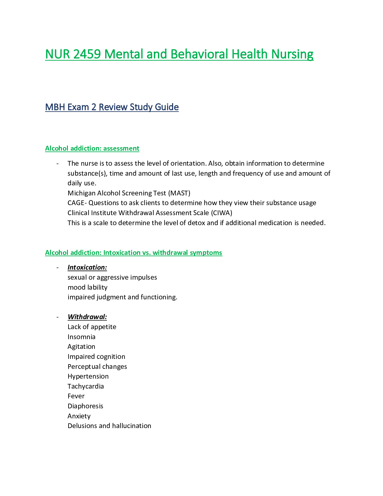 Preview image for NUR 2459: Exam 2 Review Study Guide (2021 / 2022 revised version) Mental and Behavioral Health Nursing - Rasmussen